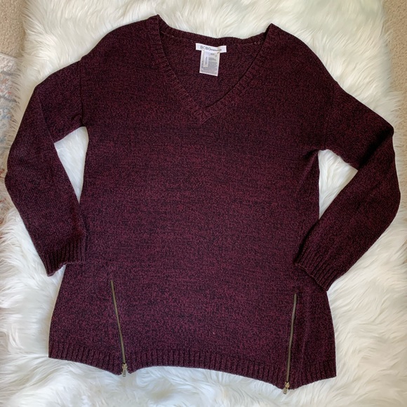 BCBG Sweater Zipper Slit Pullover V-Neck Top XS/S Heathered Maroon Purple - Picture 1 of 9